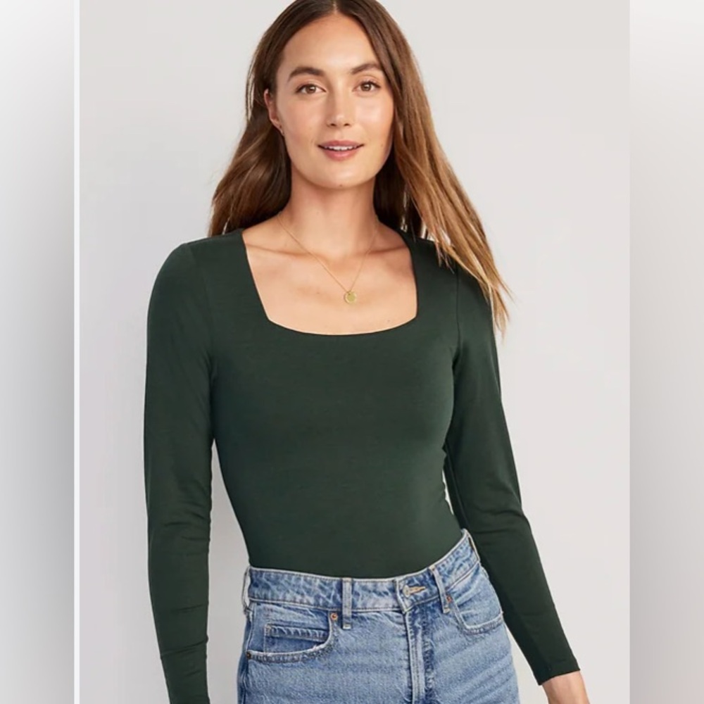 Dark Green Long Sleeve Square Neck Bodysuit, NWT